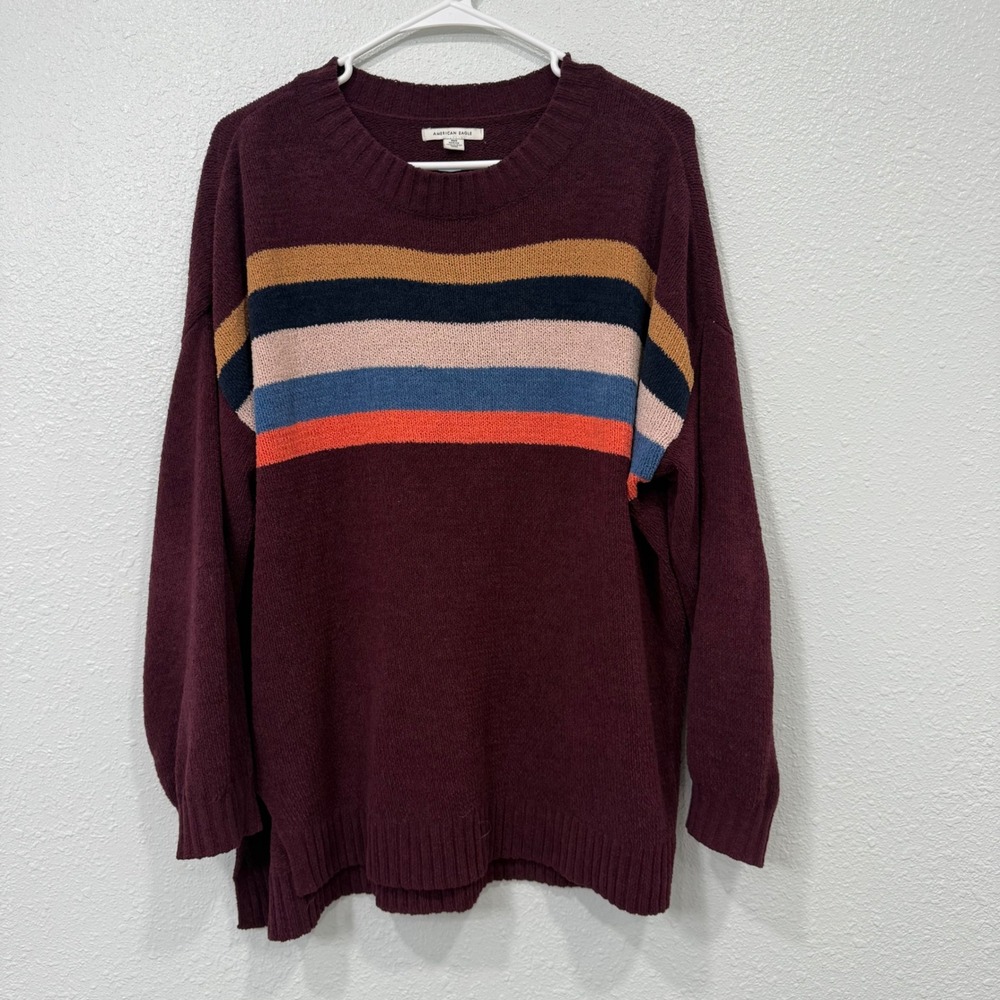 American Eagle Women Burgundy Chenille Striped Oversized Crewneck Sweater XS/S